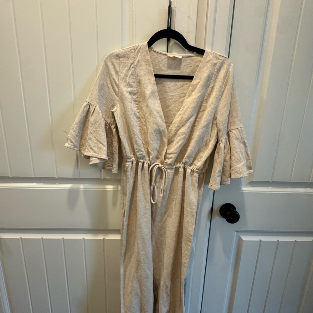Beige Linen-Blend Wrap Dress with Ruffled Sleeves // VICI Nashville boutique